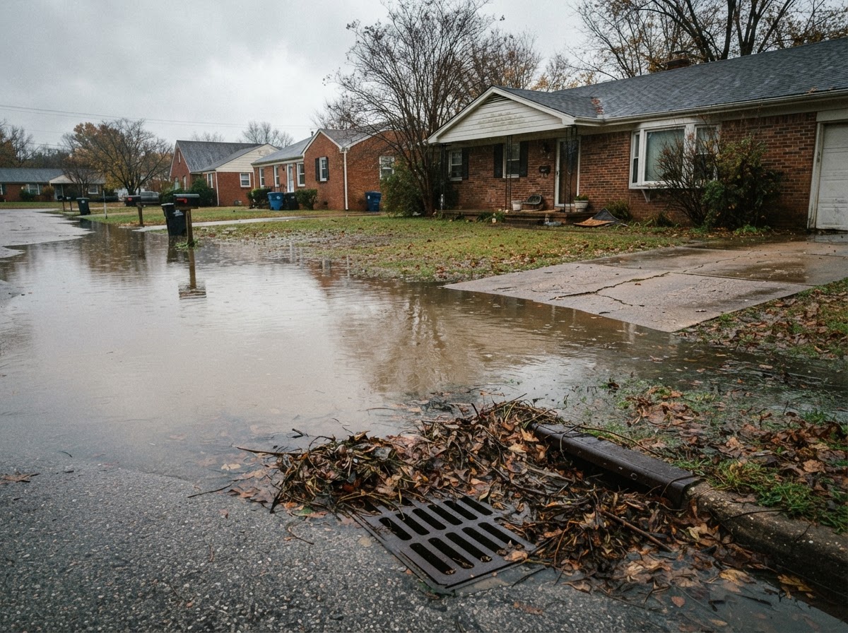 Standing stormwater covering a residential street and pooling near a brick ranch home driveway.