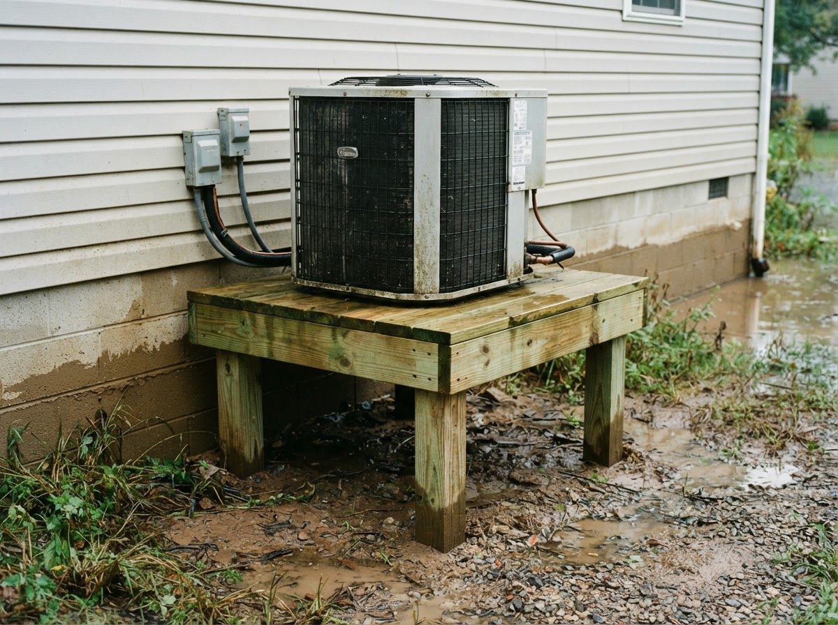 Air conditioning condenser elevated on a wooden platform above ground level next to a home foundation.