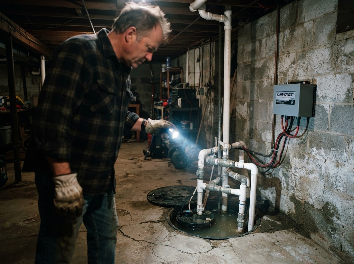 Homeowner inspecting a sump pump basin and battery backup system in an unfinished basement utility room.