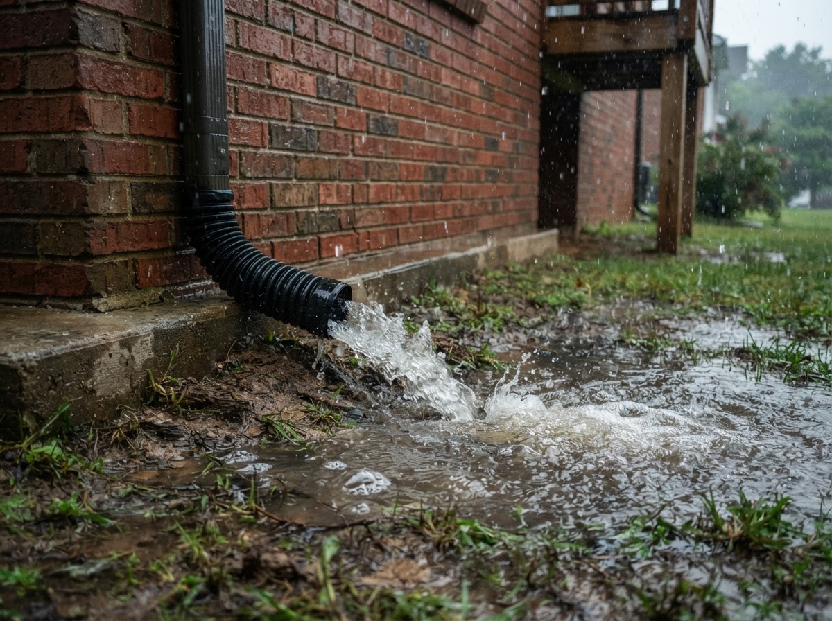 Downspout extension discharging heavy rainwater away from the brick foundation of a residential house.