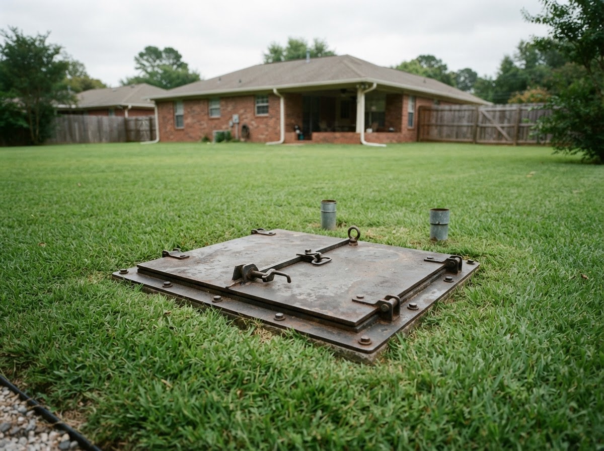 In-ground storm shelter entrance hatch built into the backyard lawn of a brick home.