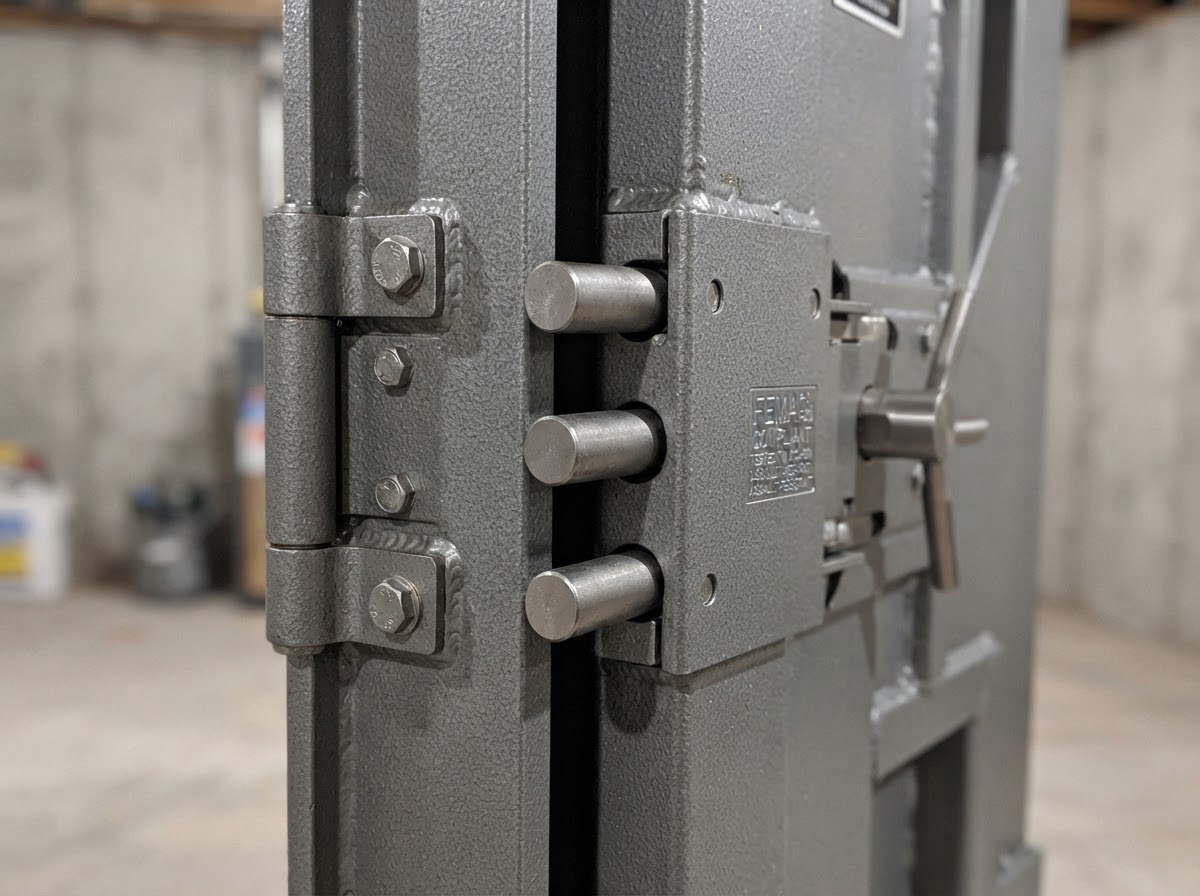 Heavy-duty three-point locking deadbolt system secured inside a reinforced steel safe room door frame.