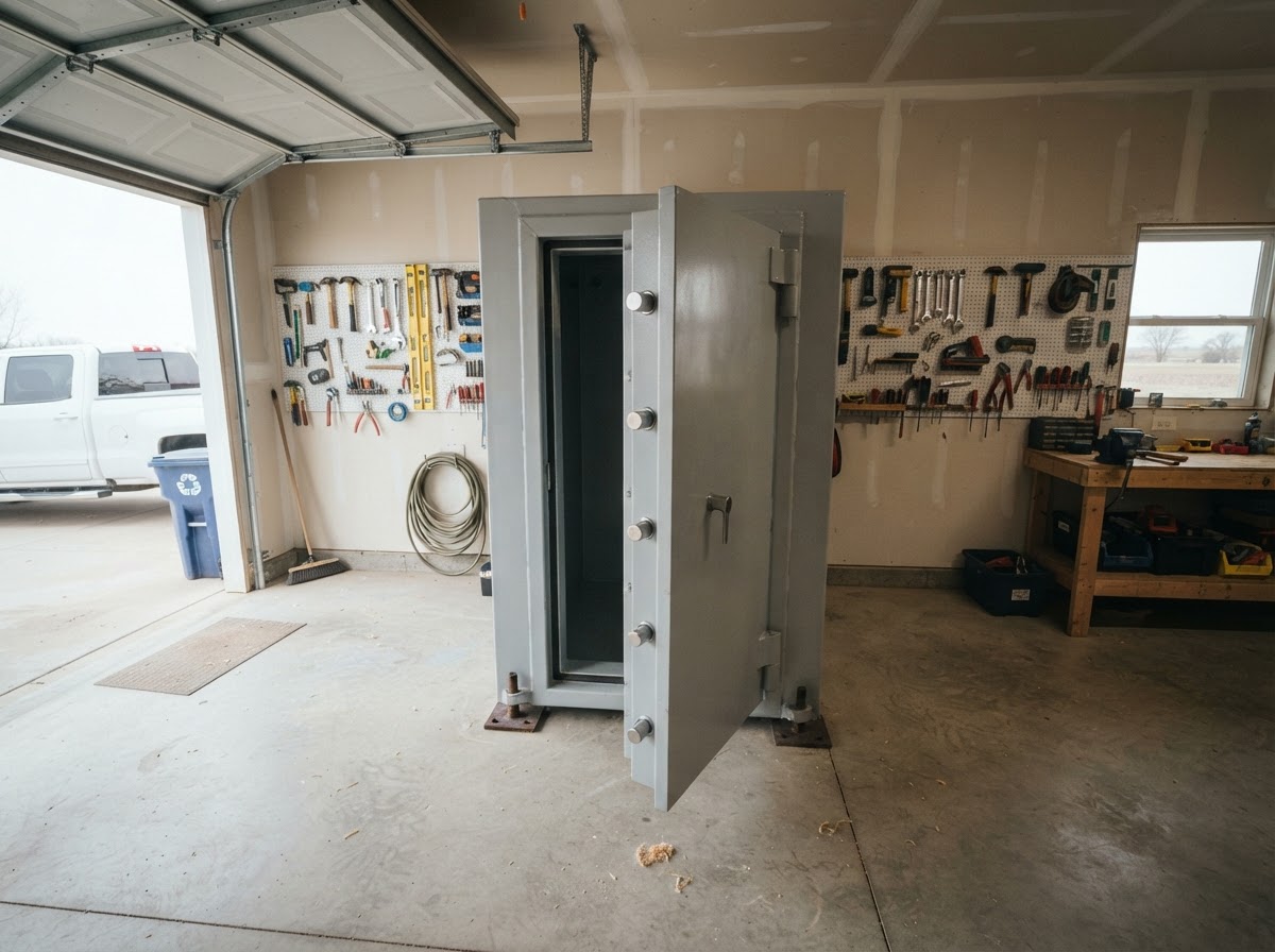 Steel above-ground storm shelter bolted to a concrete garage floor in a Midwest home