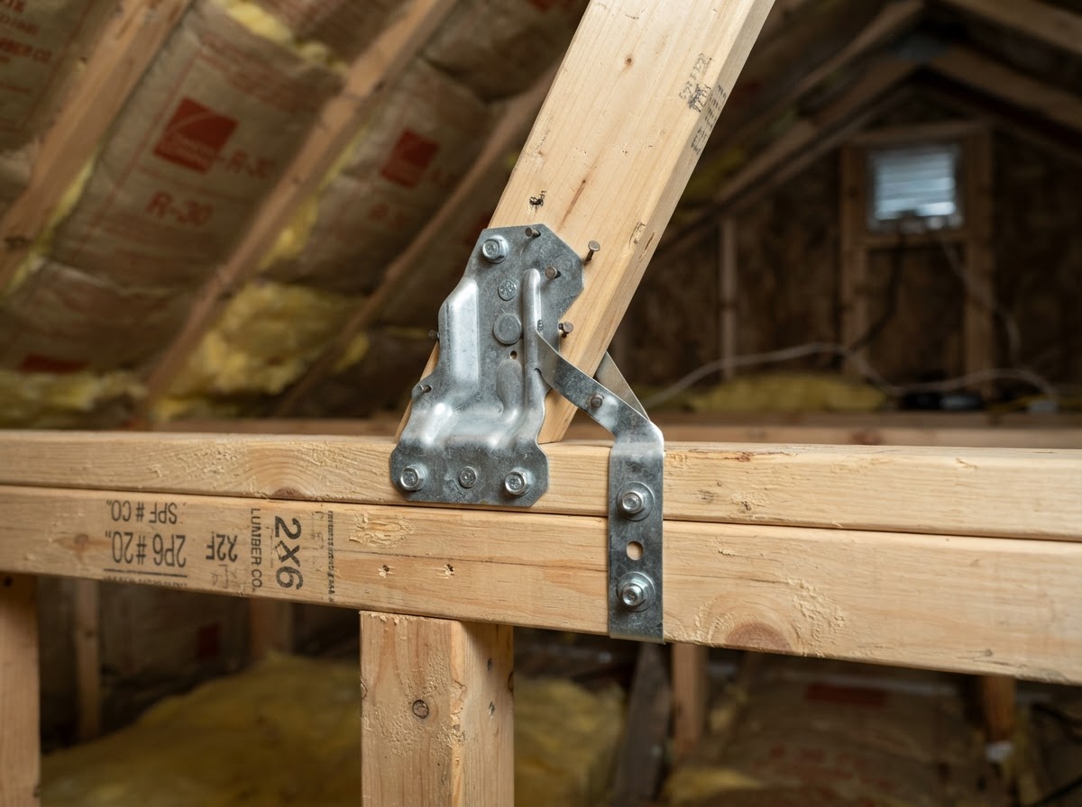 Metal hurricane clips fastening wood roof trusses to wall framing inside an attic