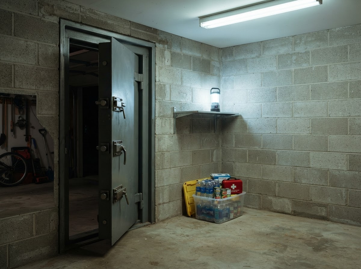 Reinforced interior safe room with heavy steel deadbolts inside a residential garage.