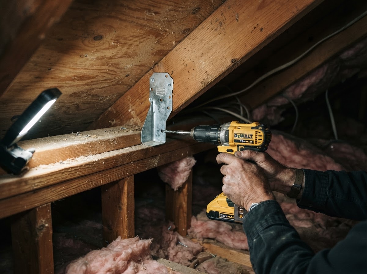 Homeowner installing metal hurricane ties between rafters and wall framing in an attic.