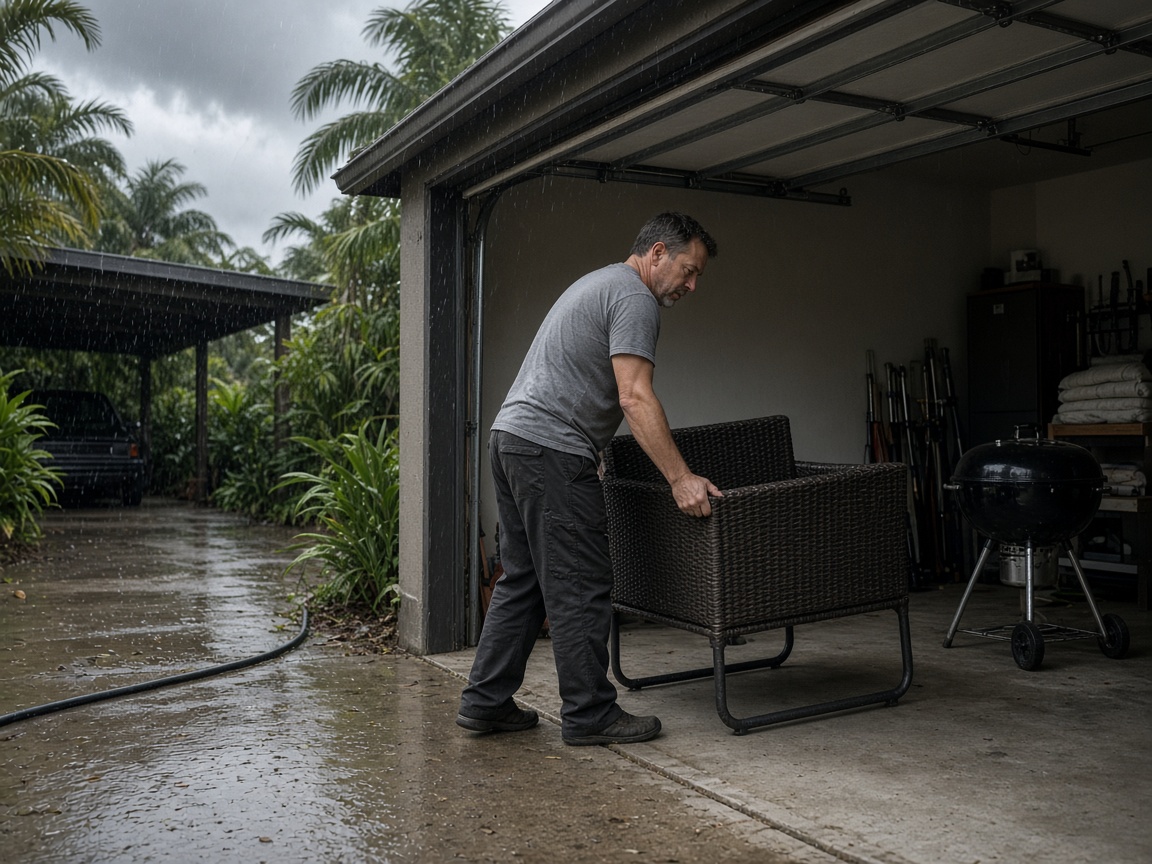 Homeowner moving patio furniture and a grill into the garage