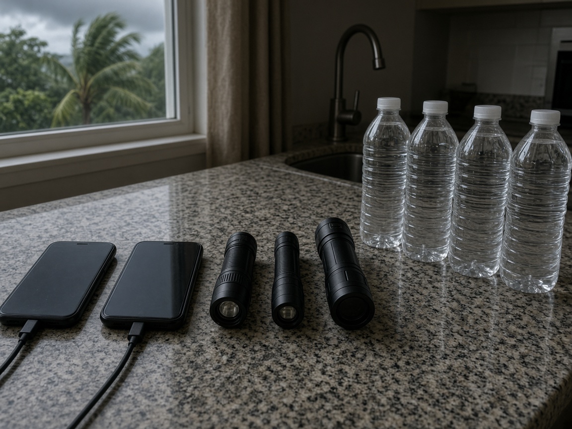Charged phones, flashlights, and bottled water on a kitchen counter