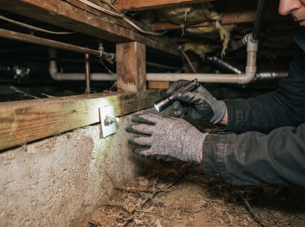 Foundation anchor bolts being inspected as part of earthquake preparedness for a US home.