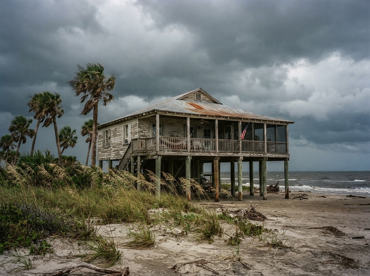 Raised coastal home on stilts facing cloudy skies along the Gulf Coast.