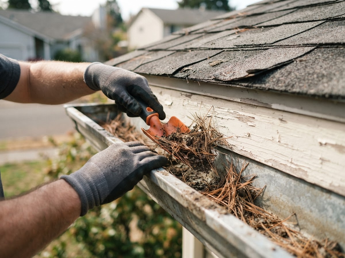 Homeowner wearing work gloves cleaning dry debris and pine needles from a roof gutter.