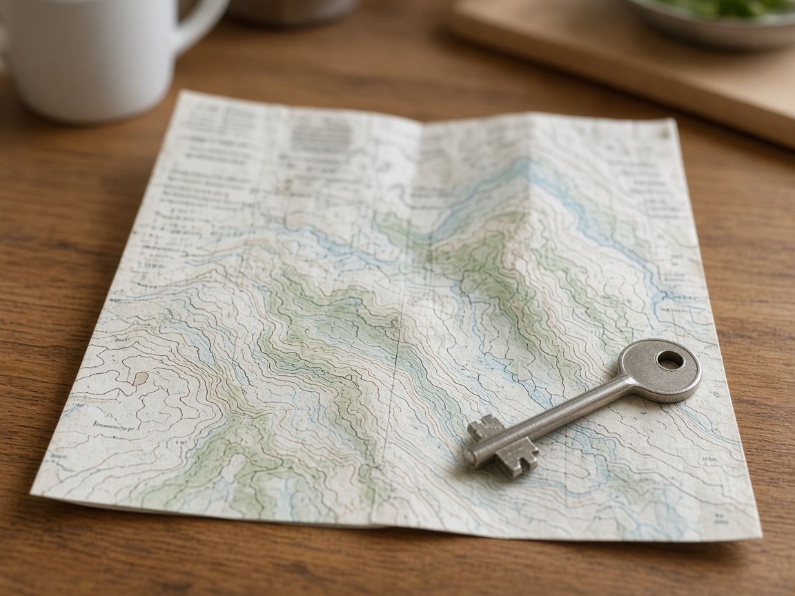 Paper map and house key on a kitchen table