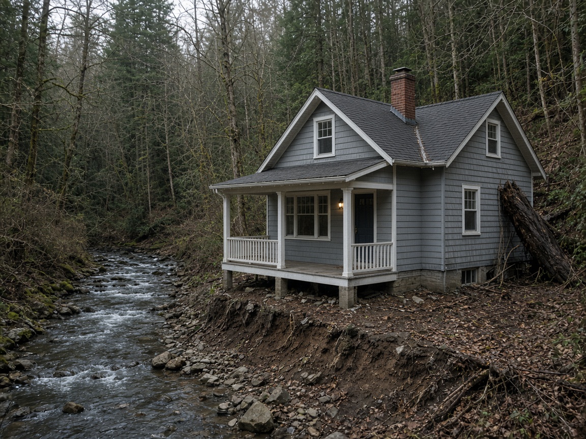 Suburban house sitting between a wooded ridge and a creek