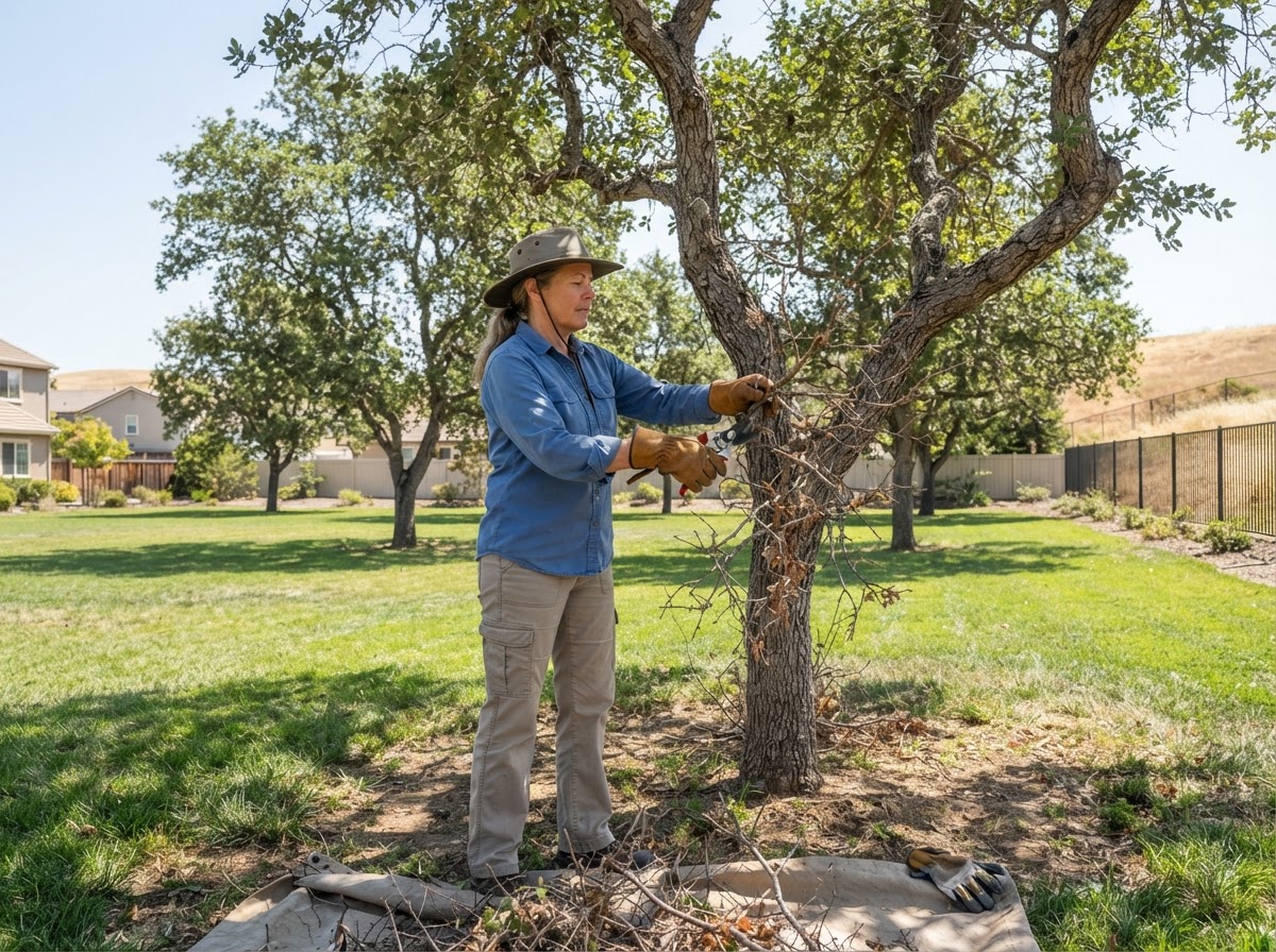Homeowner trimming tree branches and clearing dry brush within thirty feet of a home exterior.
