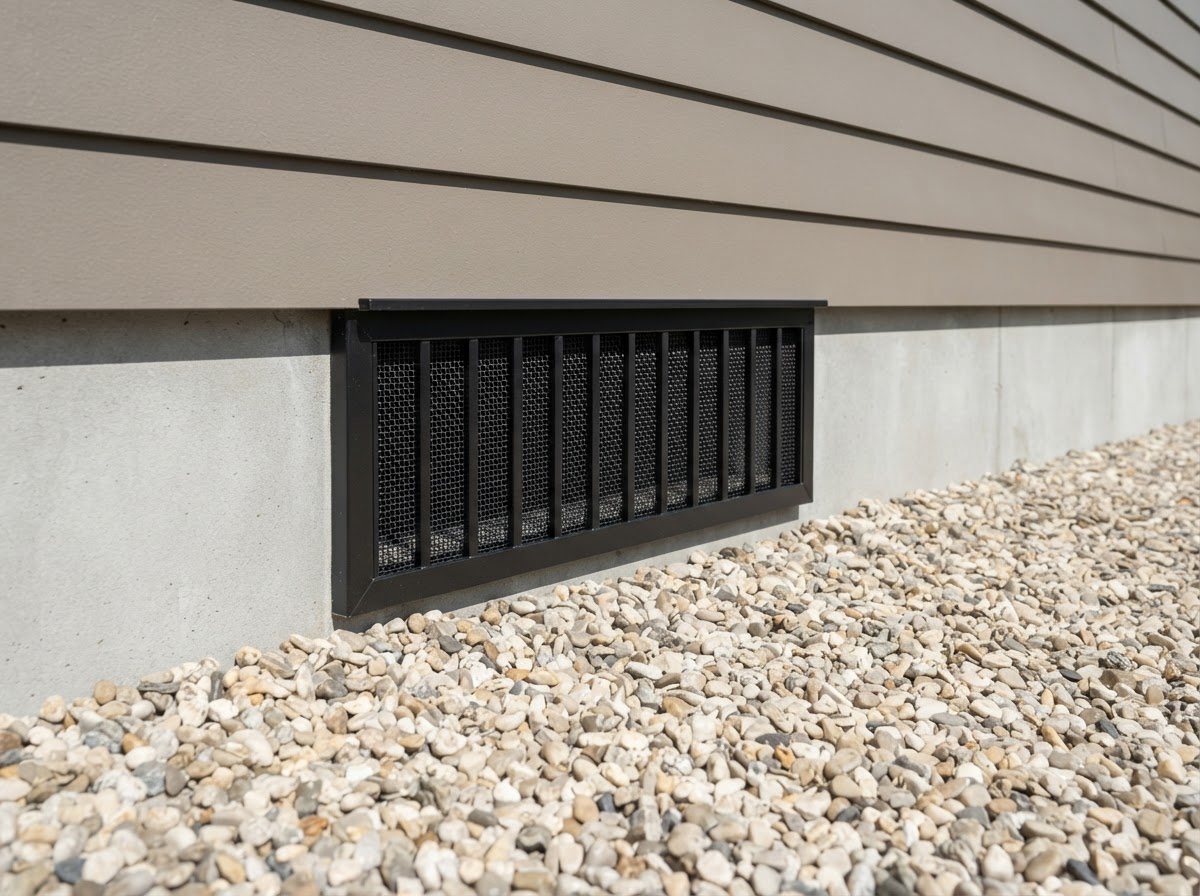Close-up of a home foundation with ember-resistant vent mesh and a rock border free of leaves and mulch.