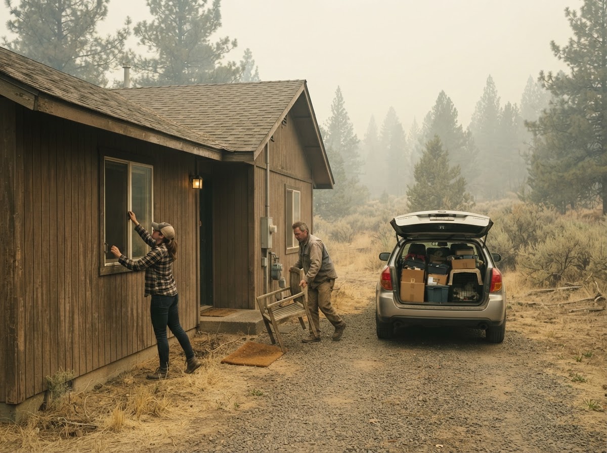 Residents reduce combustible items around an Oregon home while preparing to leave during wildfire weather.