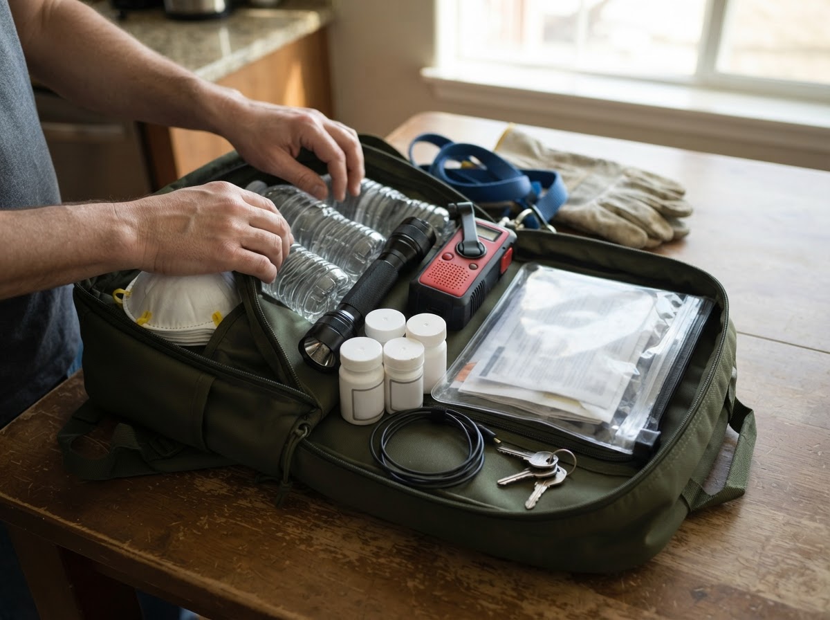 A wildfire evacuation go-bag contains water, masks, medications, a flashlight, documents, chargers, keys, and pet supplies.