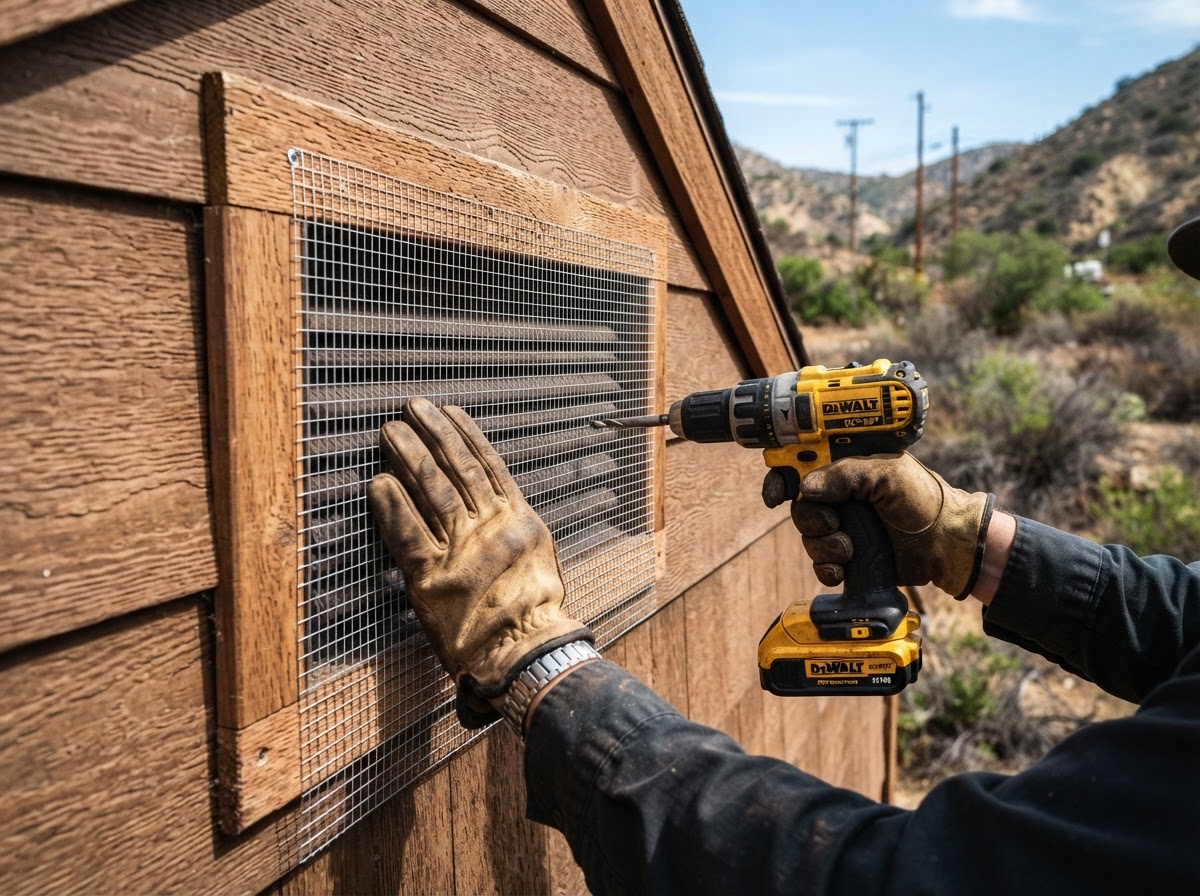 Homeowner installing fine metal mesh screening over an exterior attic vent to block wildfire embers.