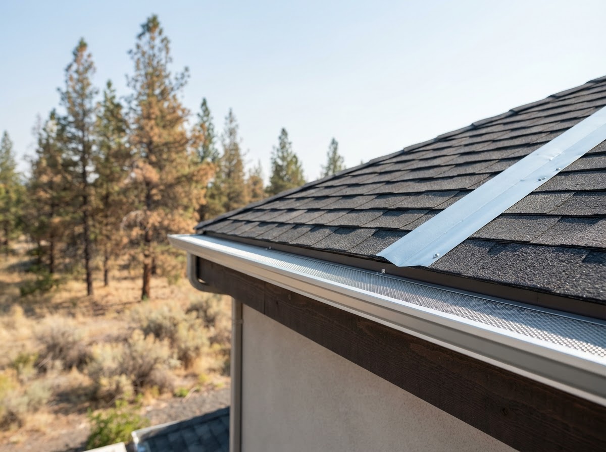 Clean metal roof gutter fitted with guards to prevent pine needle buildup near home eaves.