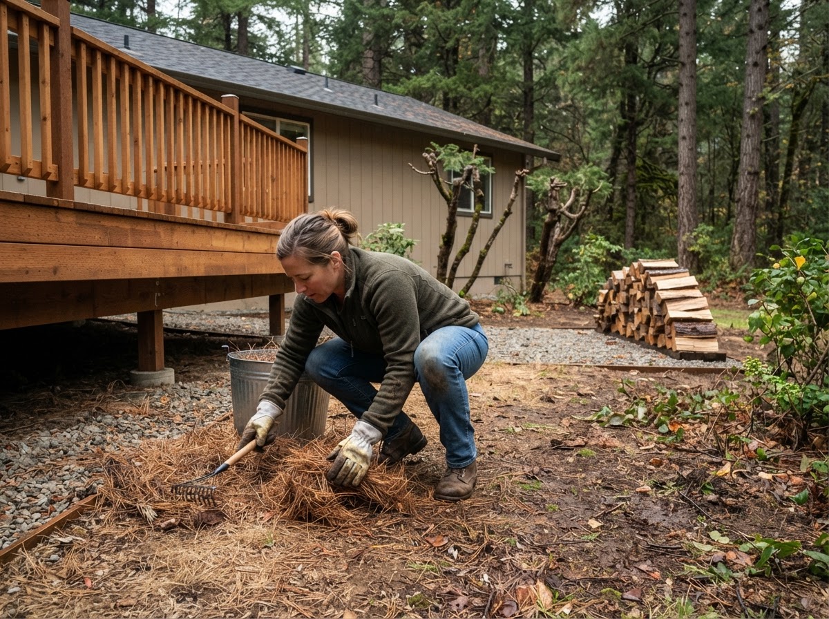 A homeowner creates defensible space by removing dry debris and separating combustible materials from an Oregon house.