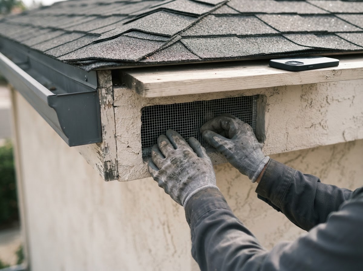 An attic vent inspection documents an ember entry point as part of home wildfire preparedness.