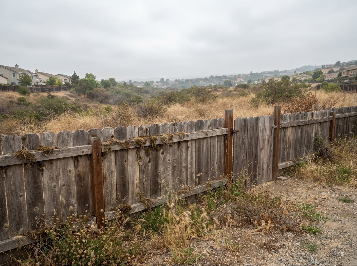 Backyard fence line where a suburban neighborhood meets overgrown wildland scrub.