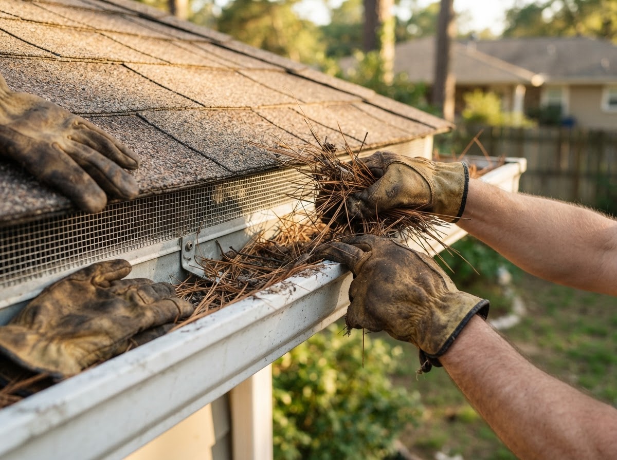 Clean metal gutter cleared of dry pine needles next to a fine metal ember-resistant attic vent.