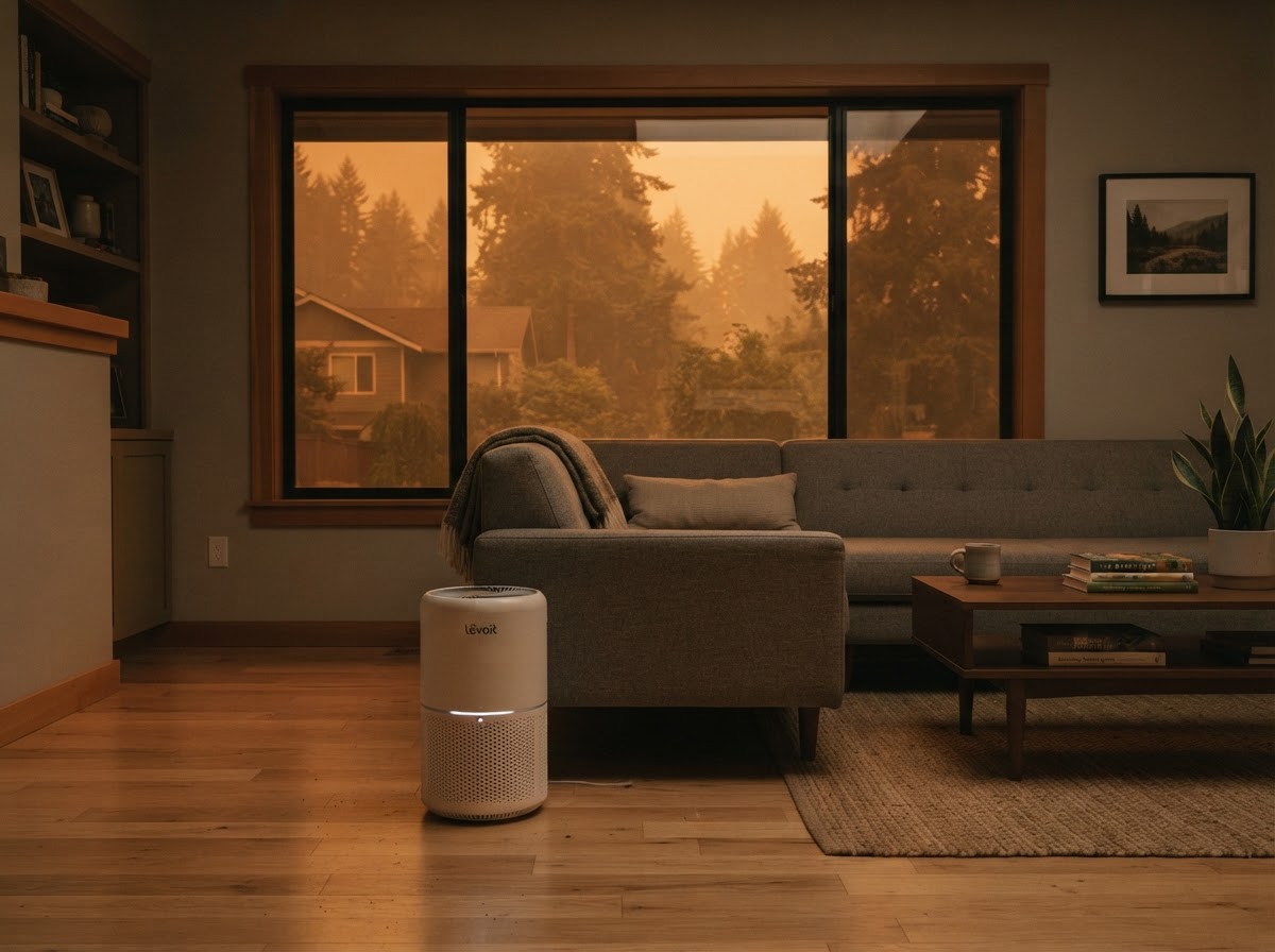 A portable HEPA air purifier running on a hardwood floor inside a living room while wildfire smoke obscures the window outside.