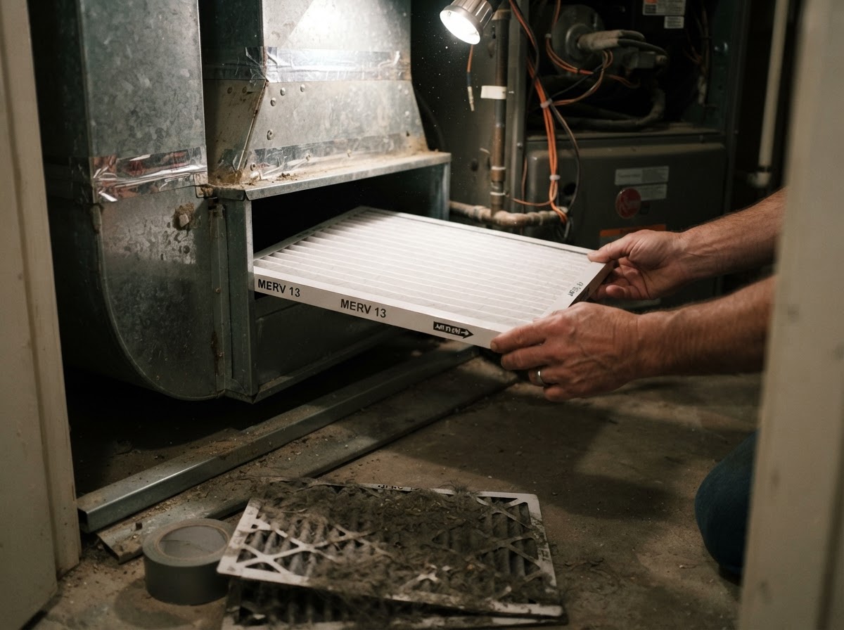 A person sliding a new MERV 13 pleated air filter into a residential HVAC furnace slot.