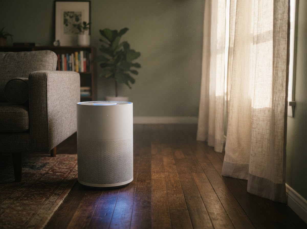 Portable HEPA air purifier running on a hardwood floor inside a closed, smoke-dimmed living room.