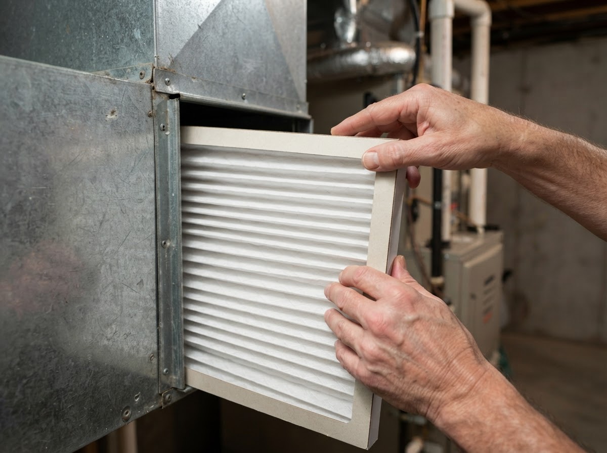 Homeowner sliding a clean white MERV 13 pleated air filter into an indoor HVAC slot.