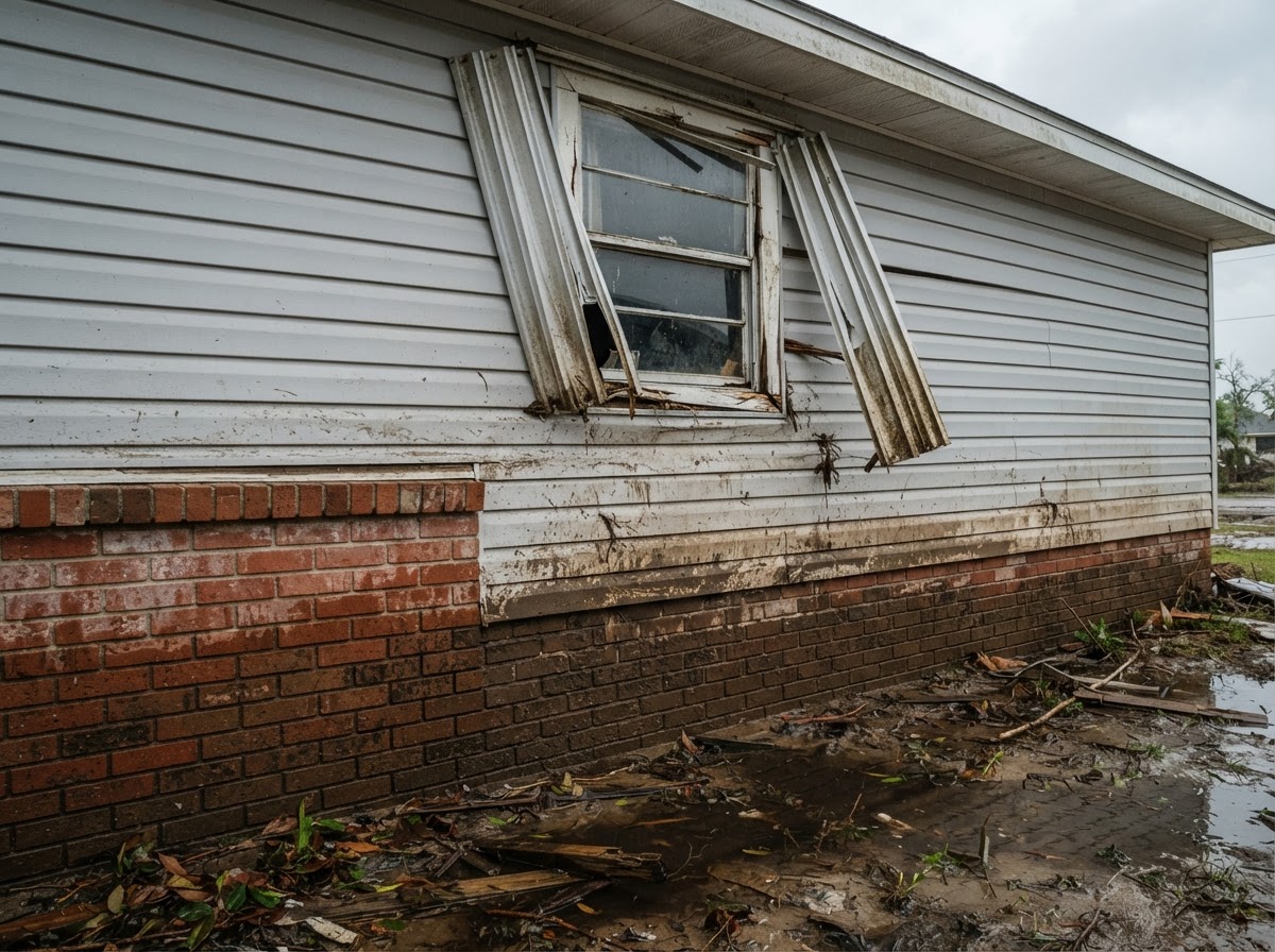 Exterior wall of a residential house showing a distinct mud line from hurricane storm surge below intact siding.