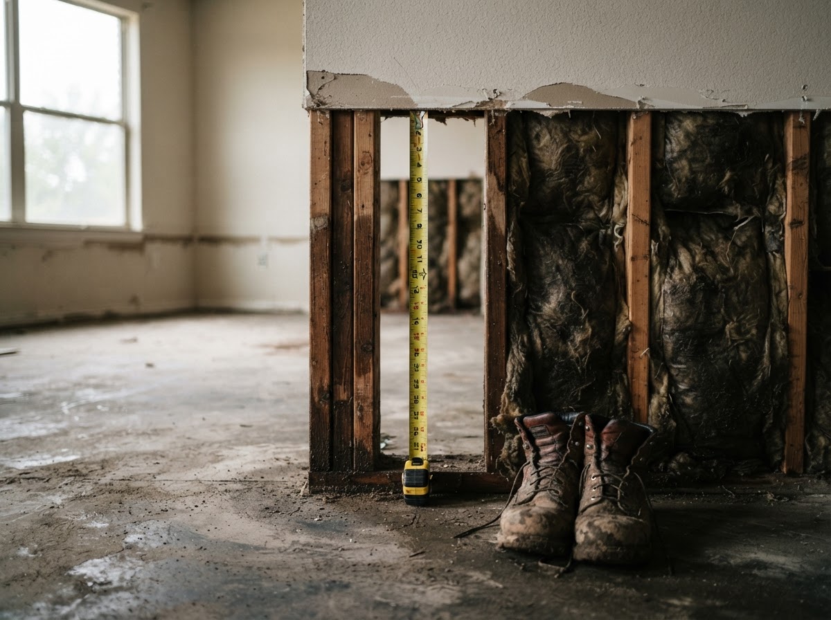 Living room interior stripped to bare wood wall studs showing water marks and a tape measure recording surge depth.