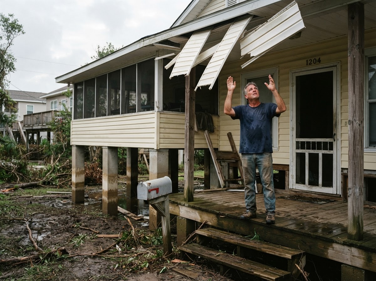 Raised coastal home in Louisiana displaying torn eaves and dried watermark lines on the support piers after a hurricane.