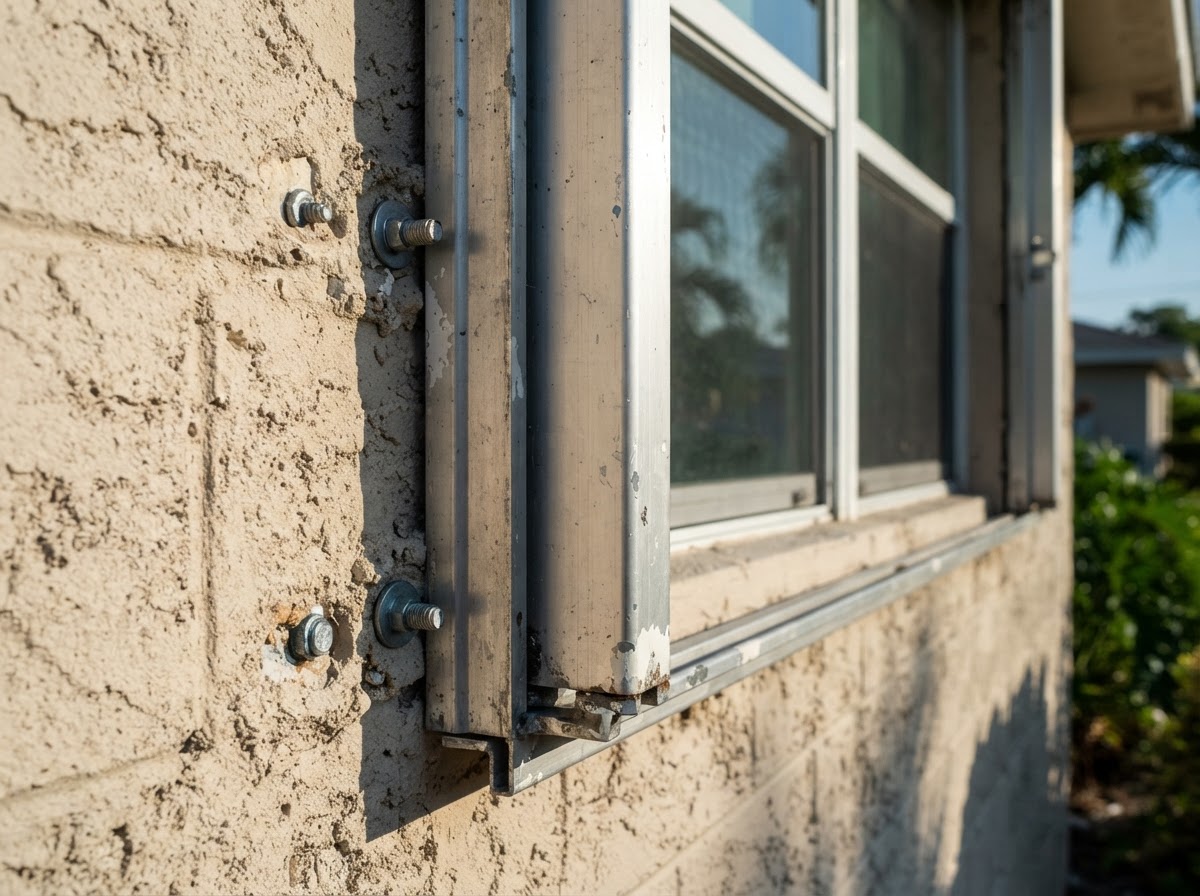 Heavy-duty hurricane shutter tracks and mounting hardware bolted into the exterior wall of a concrete home.