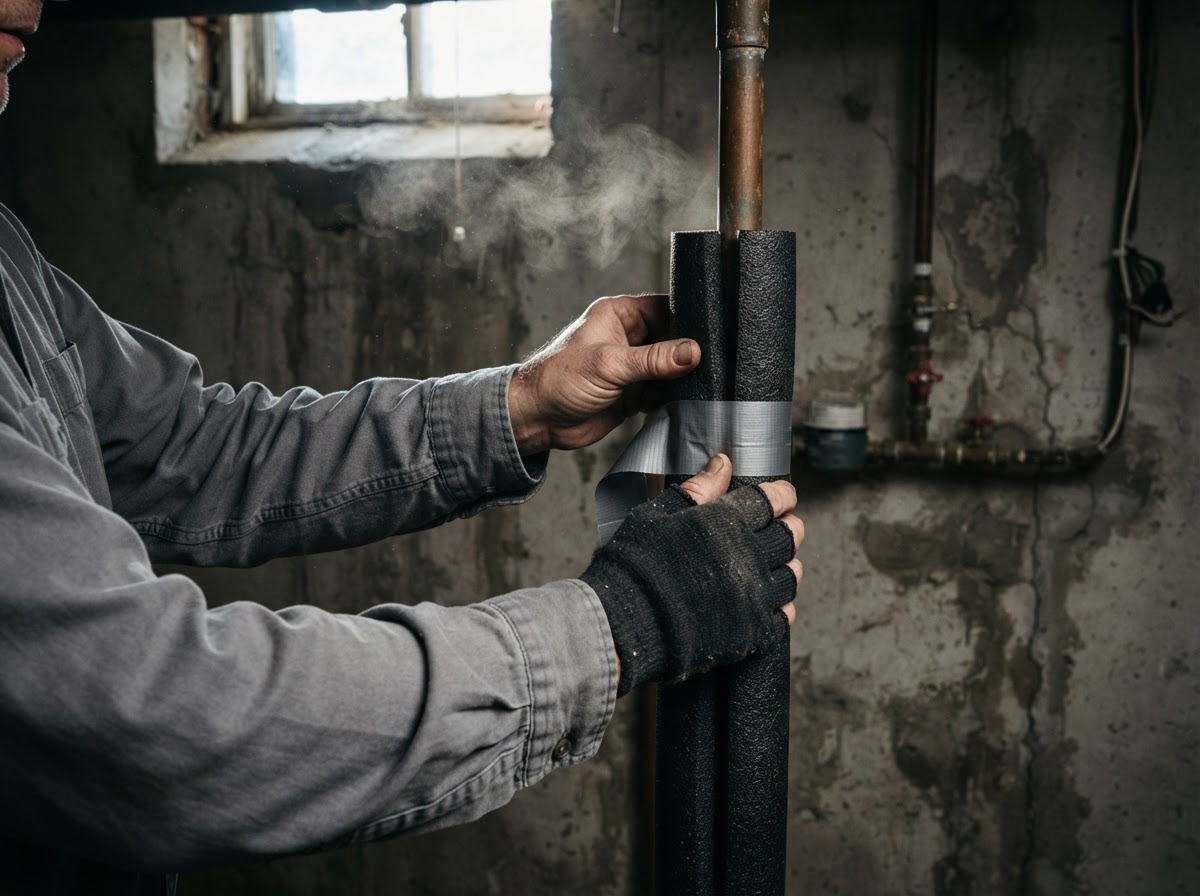 Homeowner insulating exposed copper plumbing pipes with foam sleeves in a cold basement.