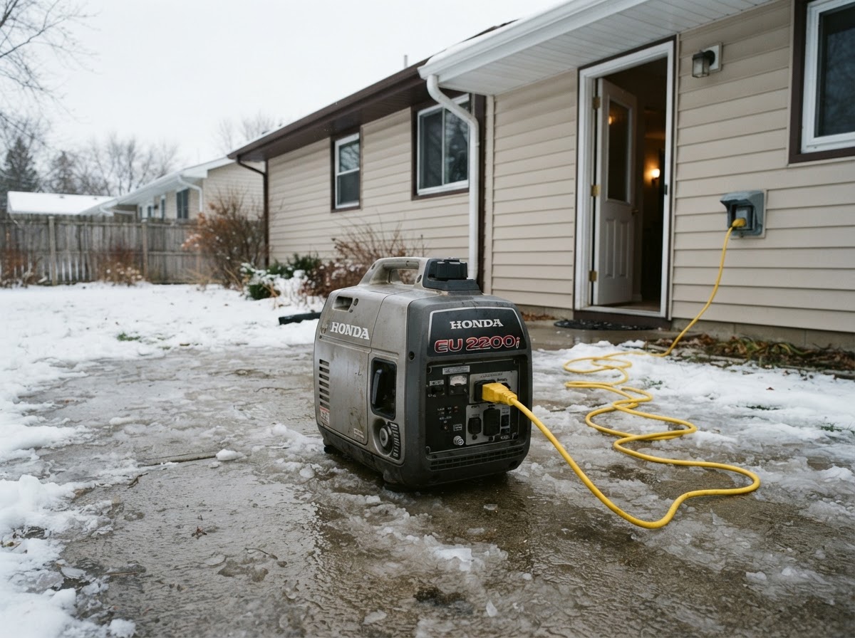 Portable electric generator running outdoors on a snowy patio far from home windows.