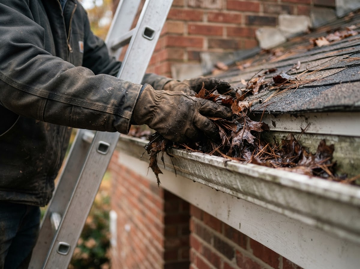 Gloved hands clearing wet leaves and debris out of an aluminum roof gutter.