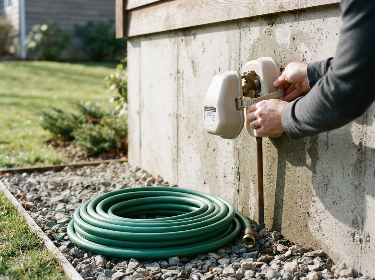 Insulated protective cover installed over an outdoor water spigot on a concrete foundation.