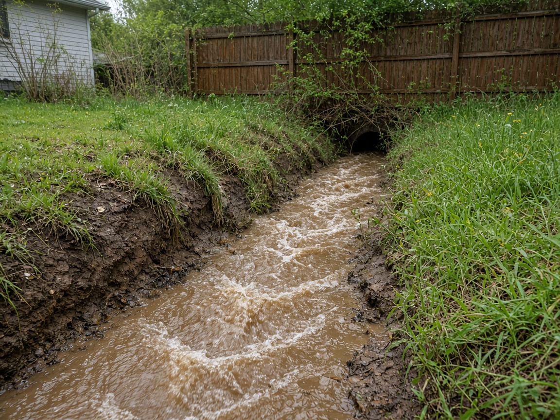 Muddy stormwater rushing from a hillside swale toward a backyard fence