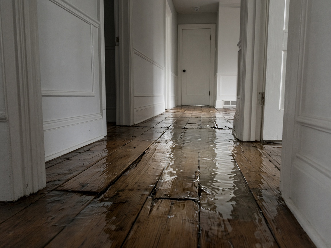 Warped wood flooring in a first-floor hallway after an unexpected flood